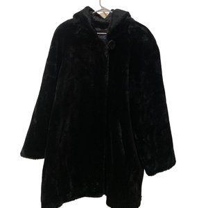 Vintage Dennis Basso Women’s Faux Fur Zipper Front Hooded Lined Coat Black XL
